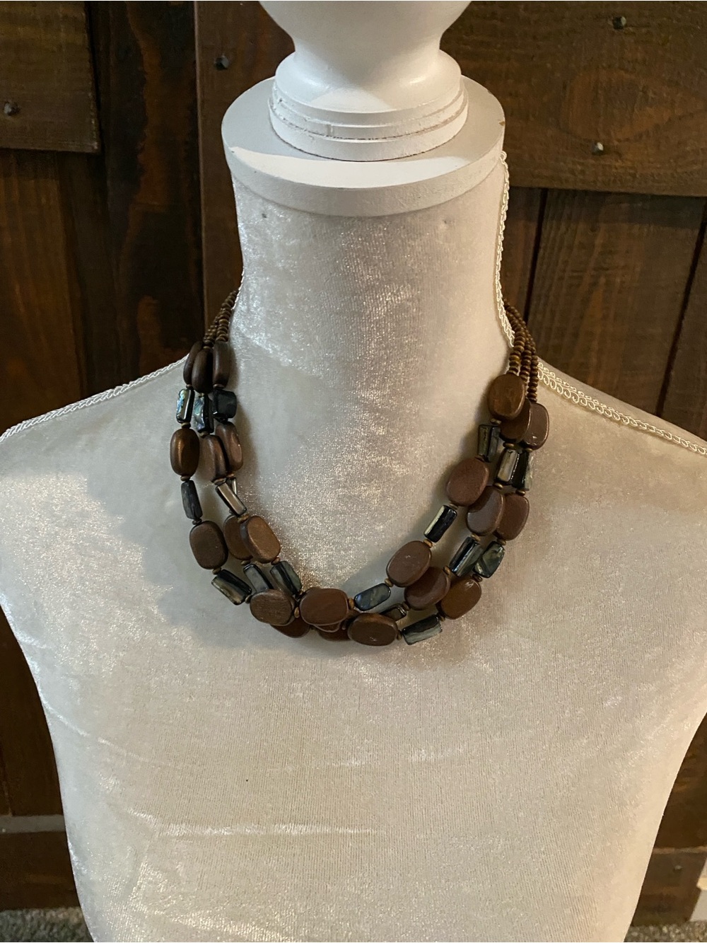 Vintage Multi-Strand Wood & Black Lip Mother of Pearl Statement Necklace